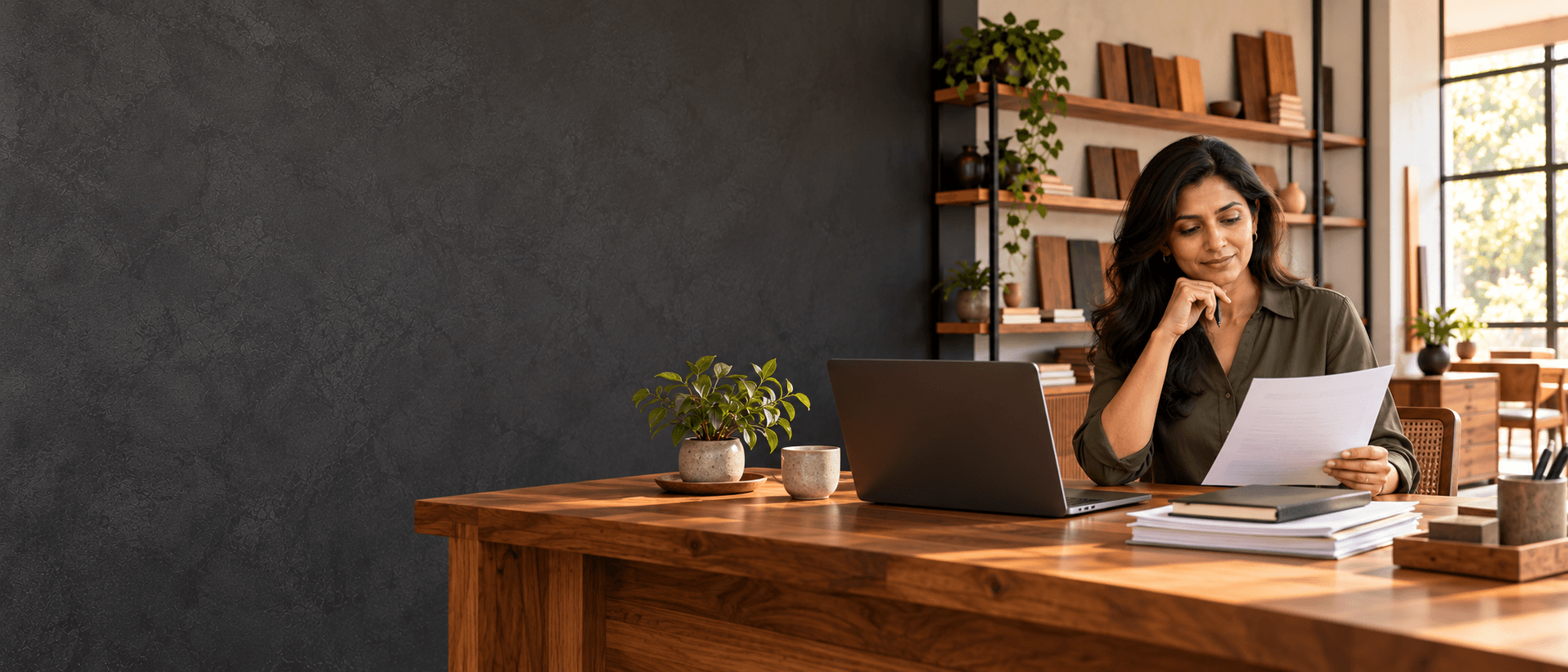 A businesswoman thoughtfully reviewing a document beside a laptop in a naturally lit office