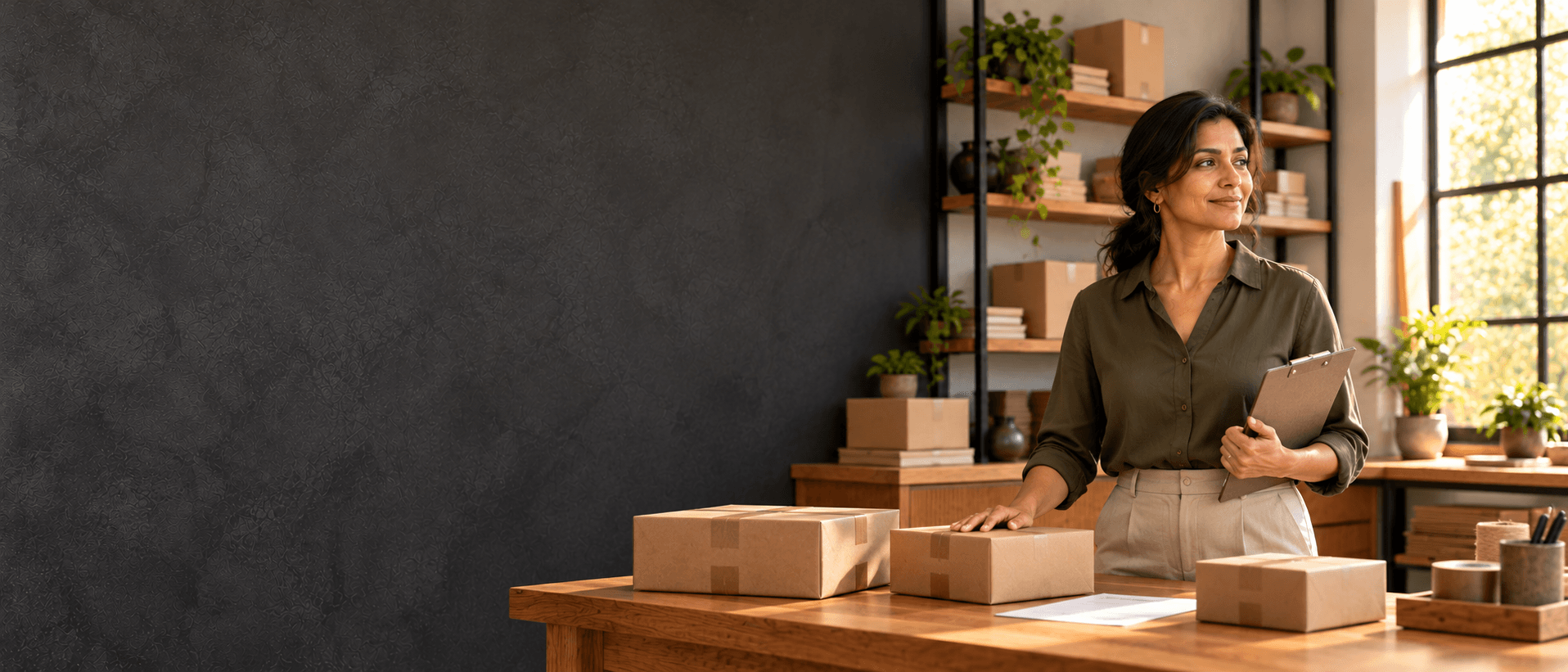 An operations manager with a clipboard beside neatly packed parcels in a sunlit dispatch workspace