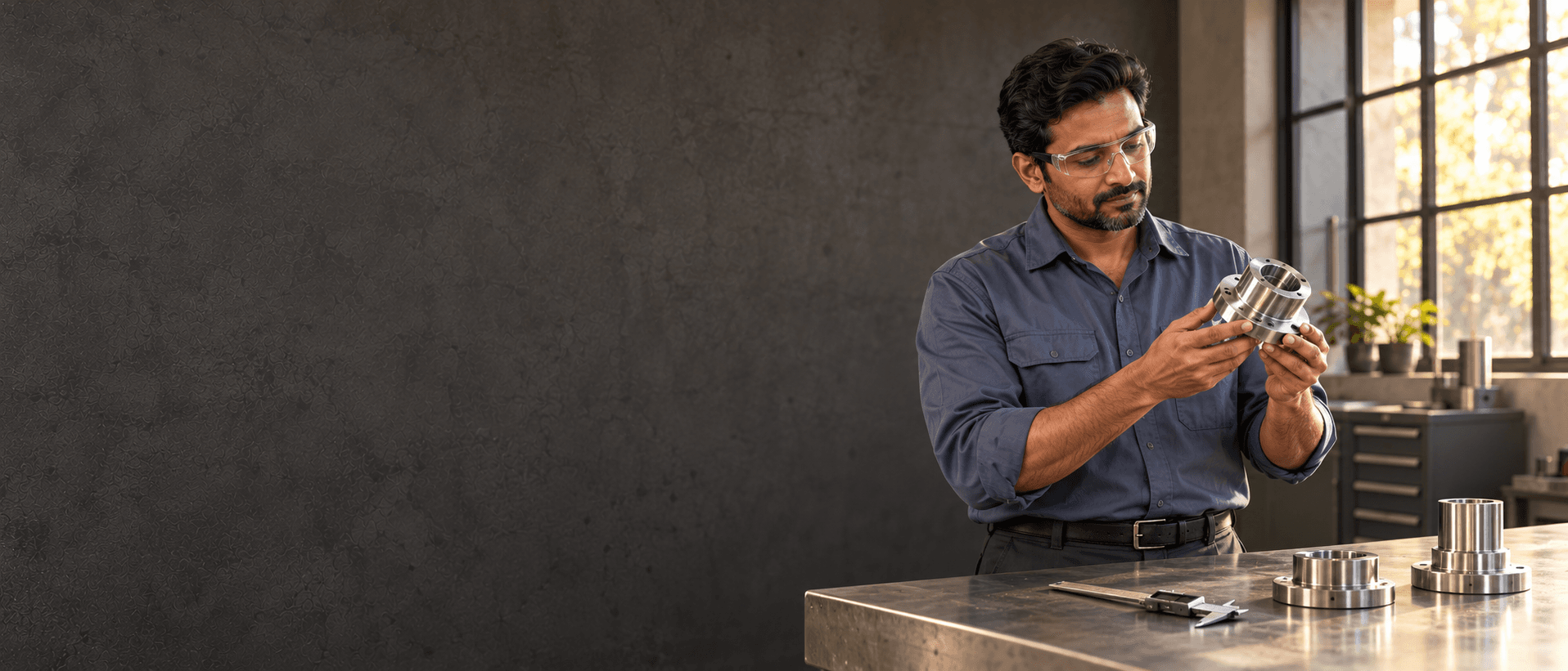 A production supervisor in slate-blue workwear and safety glasses inspecting a machined metal component at a tidy workbench