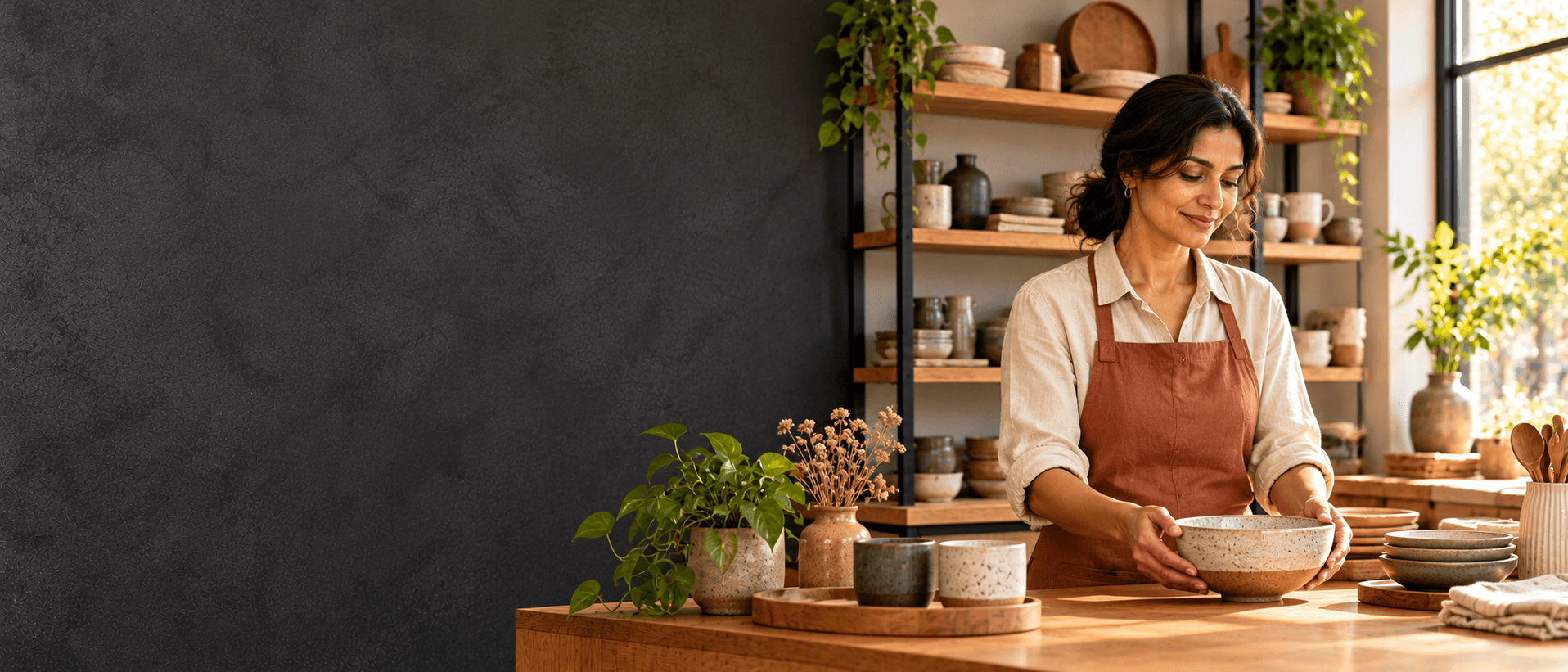 A homewares shop owner in a cream shirt and terracotta apron arranging a ceramic bowl on her counter