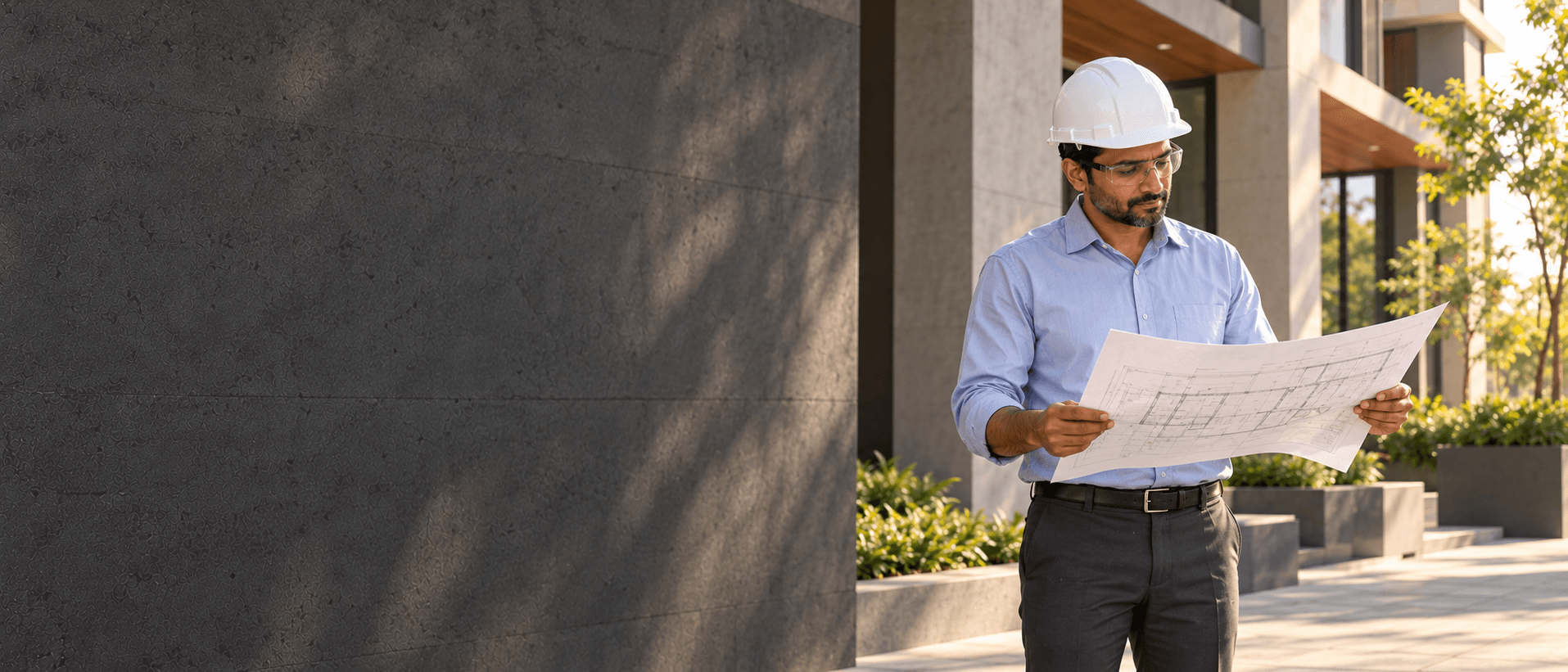 A site engineer in a white hard hat and pale-blue shirt reviewing building plans beside a nearly completed property