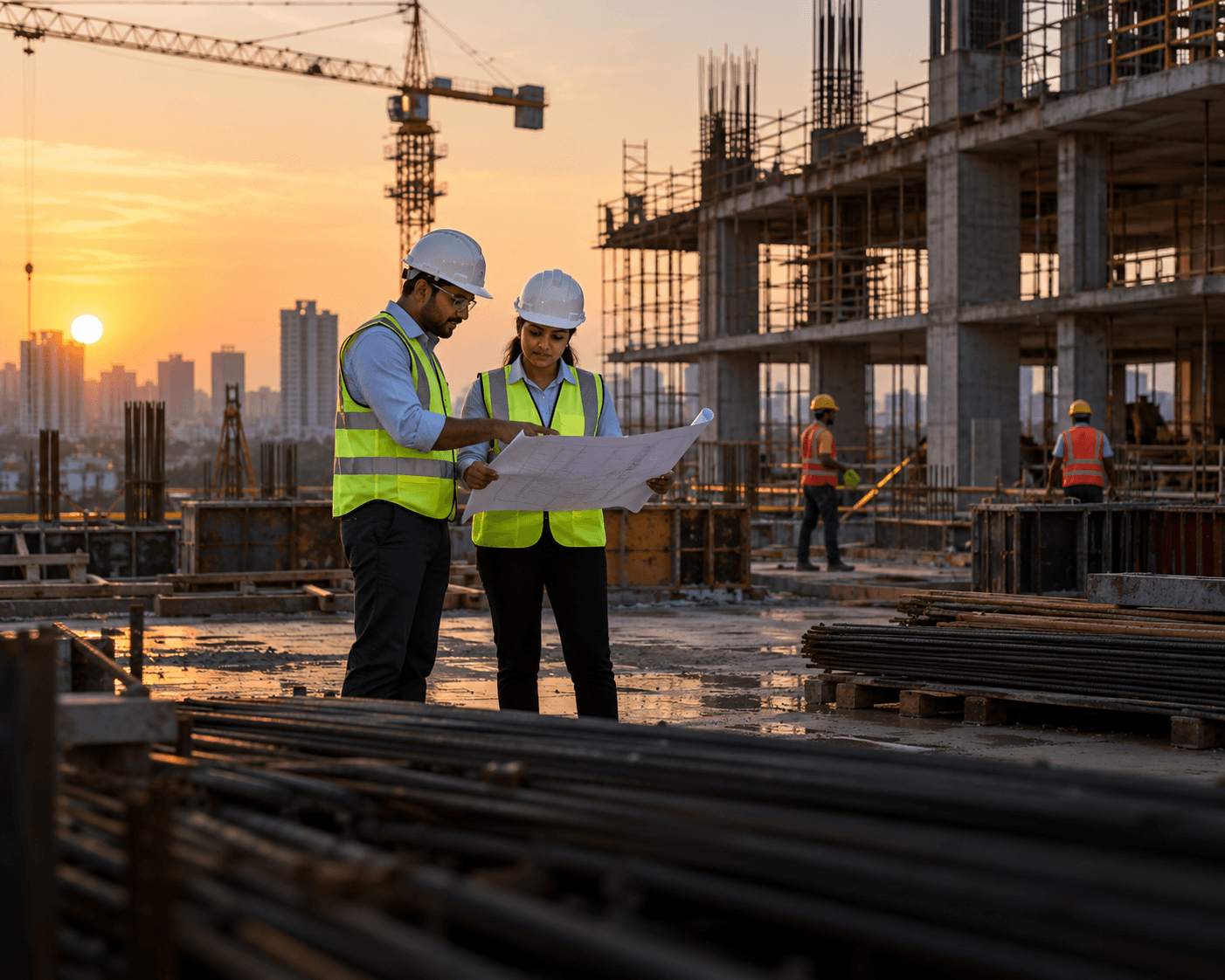 Construction professionals reviewing plans at an active building site