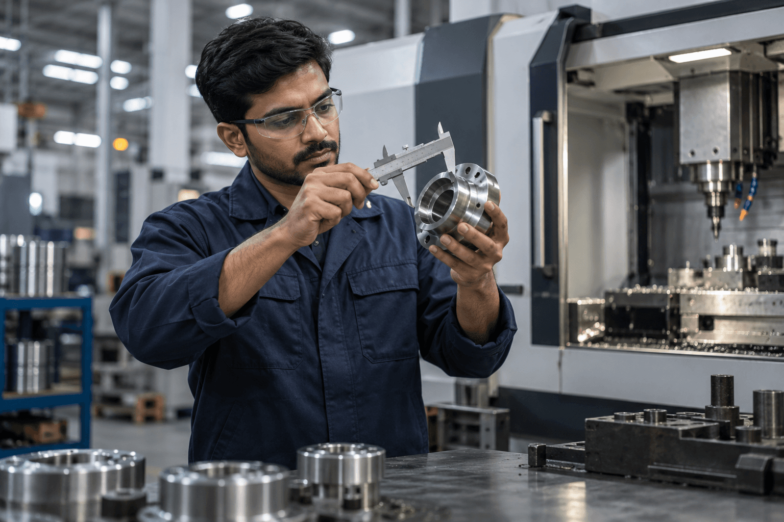 Manufacturing quality engineer inspecting a precision component