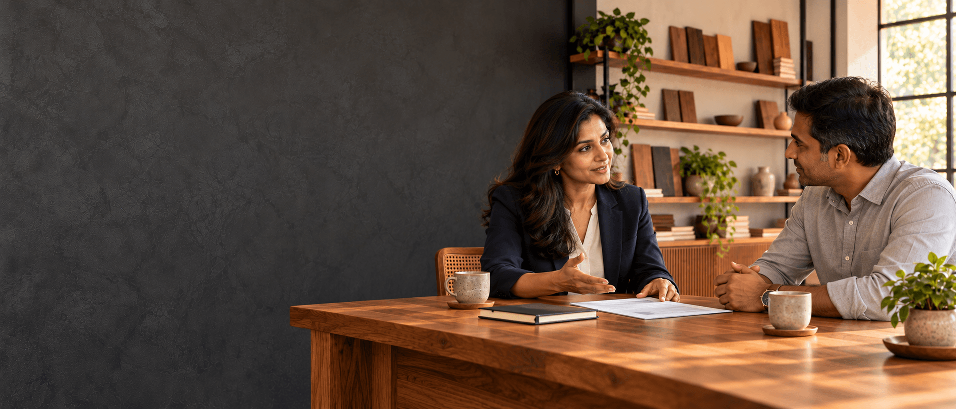 A consultant in a navy blazer discussing a proposal with her client in a naturally lit office