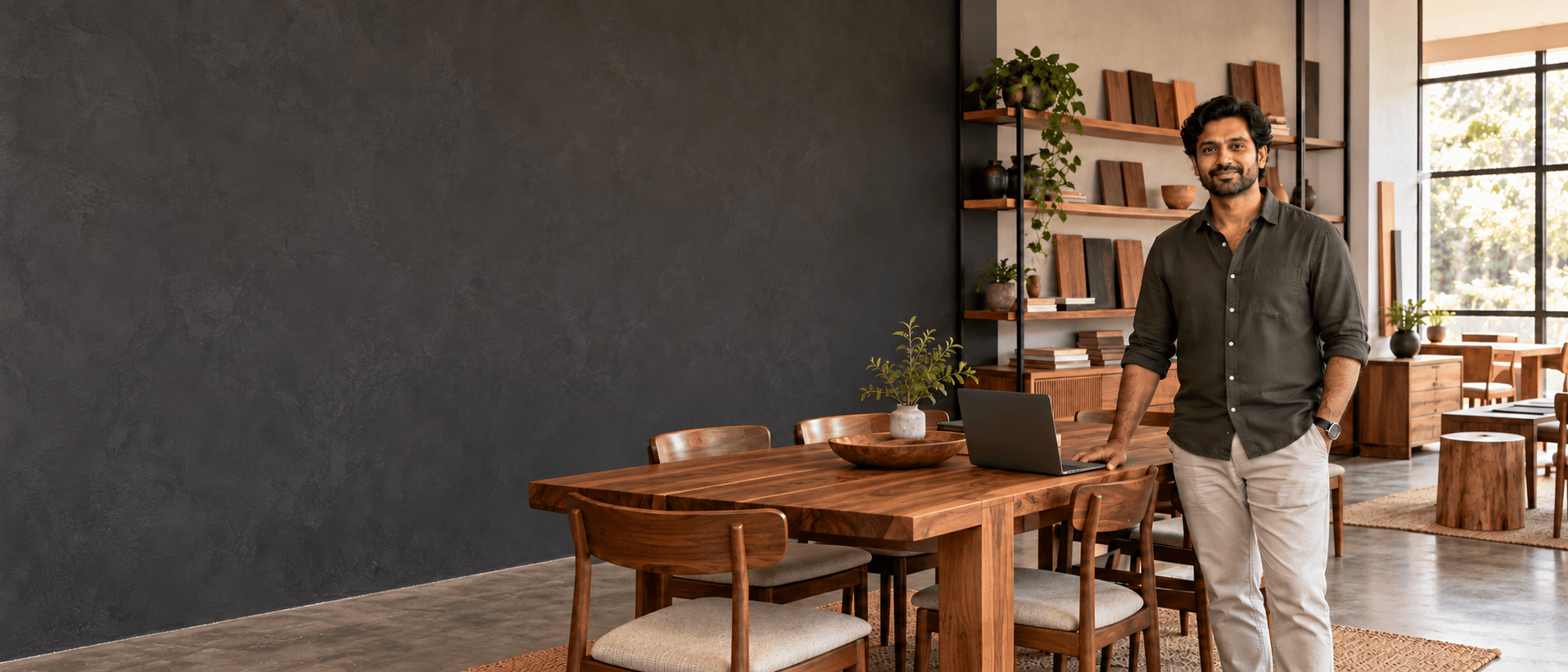 A furniture business owner standing beside a wooden table with an open laptop in his showroom